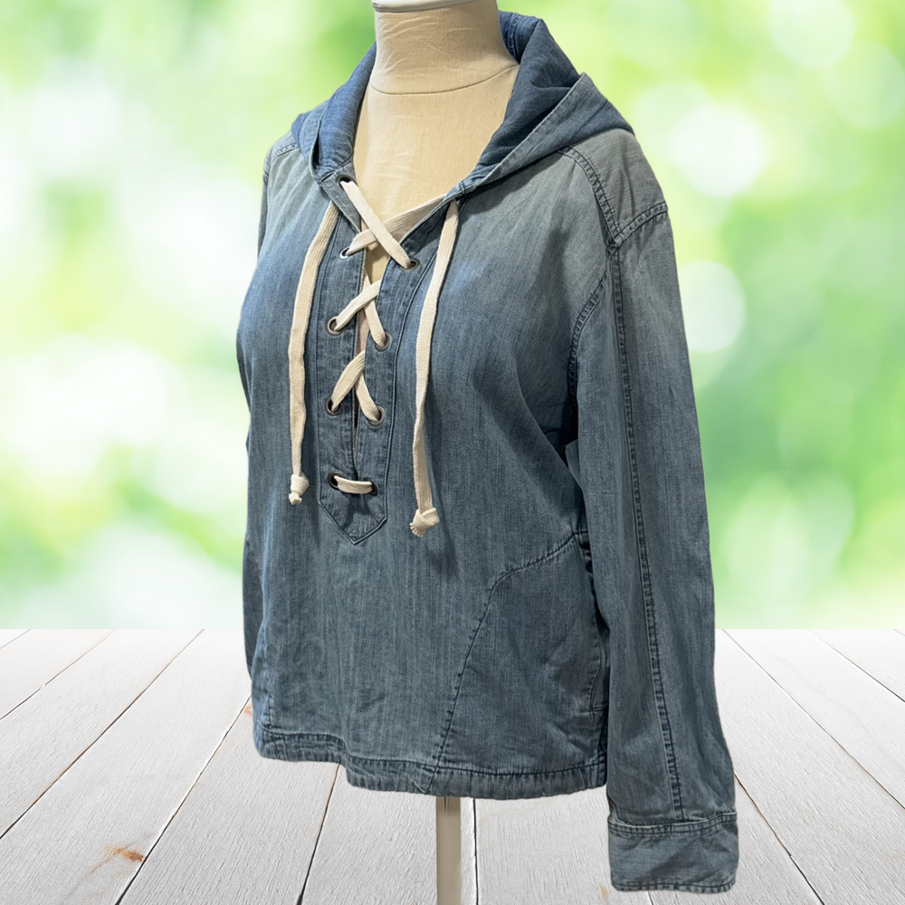 New AMERICAN EAGLE Chambray Hoodie Lace Up Pullover Pockets Nautical Denim Sz M